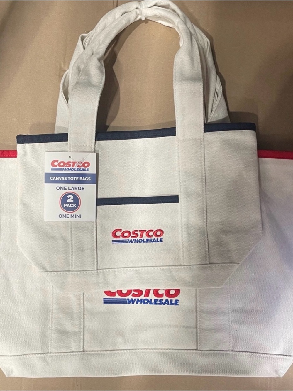 Costco Off-white Canvas Tote Bags w/Navy Trim on Mini & Red Trim on Large